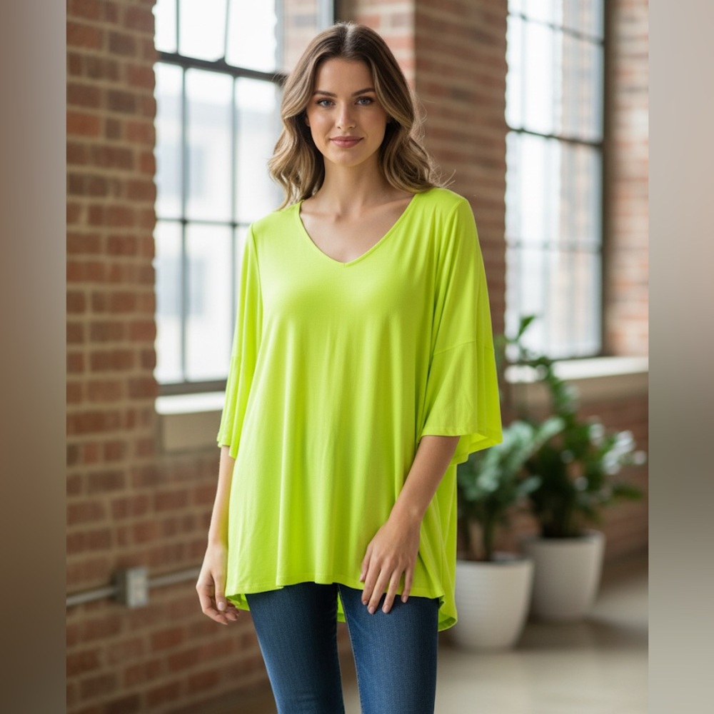 Dear Scarlett Neon Yellow-Green V-Neck Flutter Bell Sleeve Tunic Top Large NWT‎ - Picture 12 of 12